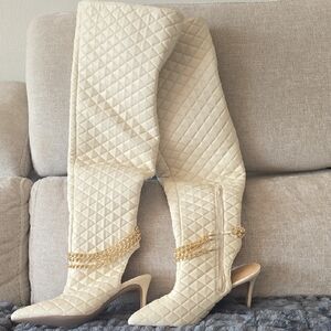 Shoe Dazzle Cream Quilted Over-the-Knee Boots with Gold Chain